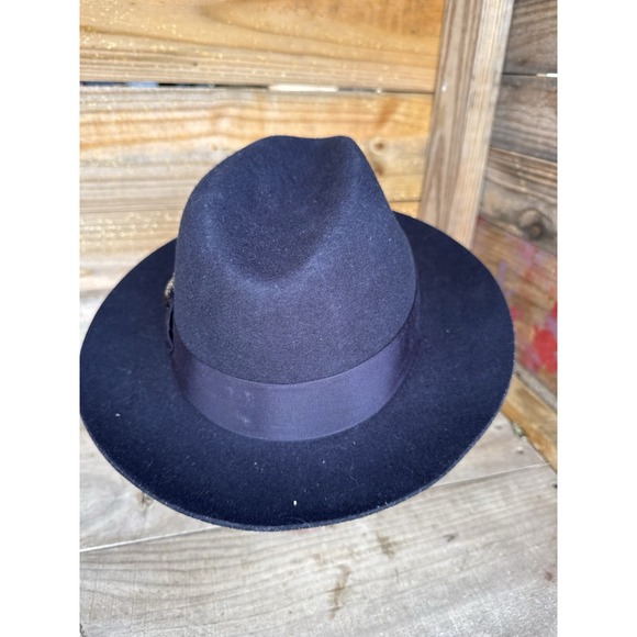 Stacy Adams Men's Large Fedora Hat Black Color 100% Wool With Feather On Side - Picture 10 of 13